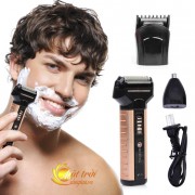 Happy laughing man shaving his face over white background