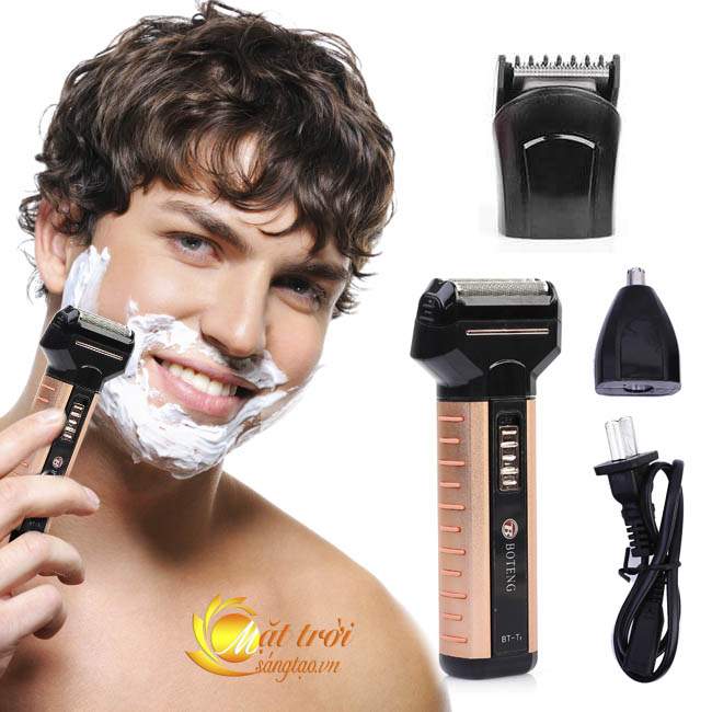 Happy laughing man shaving his face over white background